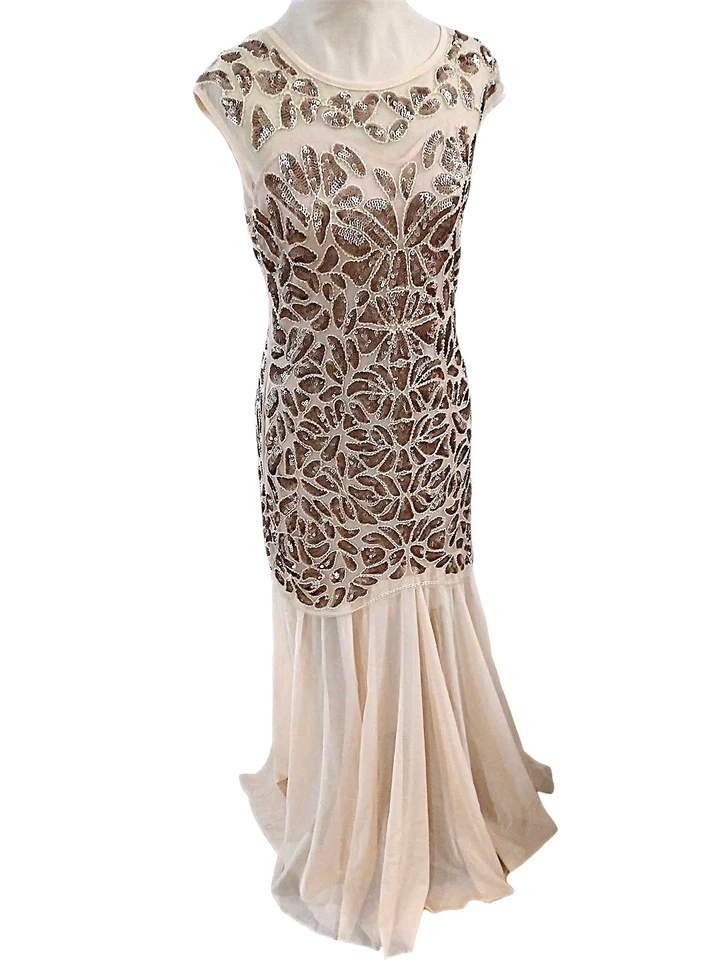 Vestido Formal Estilo Gatsby Años 20 Alta Costura Lentejuelas L Melocotón Largo Baile de graduación Vacaciones Foto 2 de 4