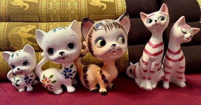 Kulleraugen-Katzen-Familie, 60s Vintage Big Eye Cat Familie, Long Neck Cats