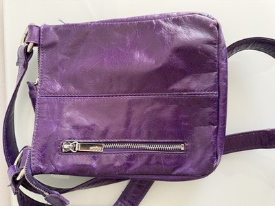   HOBO Leather Crossbody Bag Purple Silver Hardware Zip Pocket Adjustable Strap
