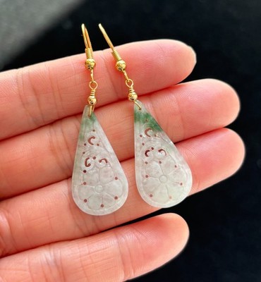 Floating Green Carved Flower Jadeite Jade Earrings, 100% Untreated Certified