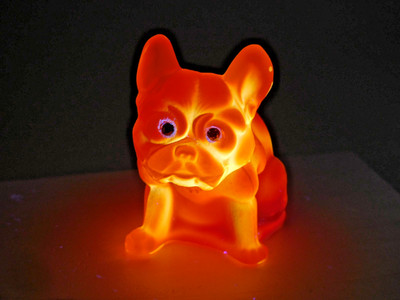 Westmoreland Cadmium /UV Glow Glass Orange Opaque French Bulldog Figurine,Signed