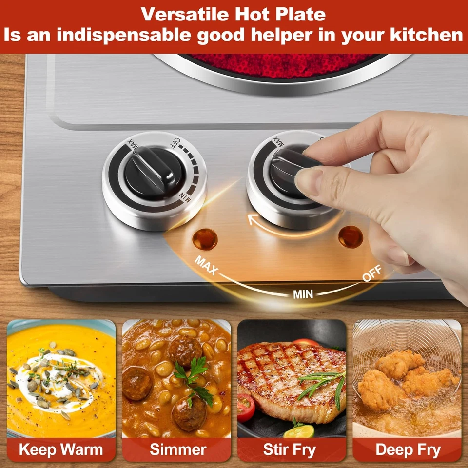 Placa caliente, doble quemador infrarrojo, estufa eléctrica de vidrio de cerámica, temperatura ajustable... Foto 3 de 4