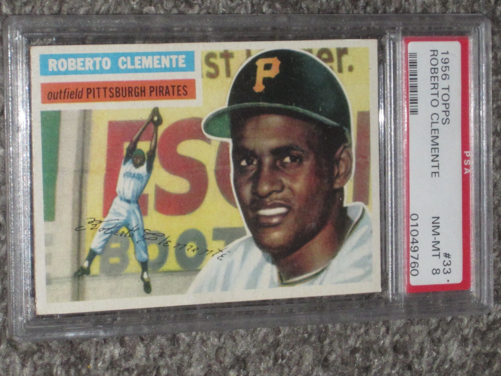 1956 Topps Baseball #33 Roberto Clemente Pittsburgh Pirates Gray Back PSA 8 NMMT
