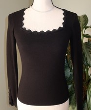 Vintage Knit Long Sleeve Dana Buchman Women's Scalloped Trim Black Sweater