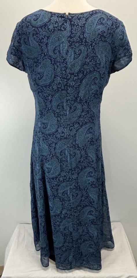 Coldwater Creek 100% Silk Paisley Dress Sz 12 Women’s Navy Midi Classic Flowy - Image 3 of 4