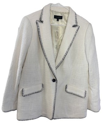 Talbots Contrast Stitch Blazer Jacket Cotton Ivory Preppy Luxury Womens 14