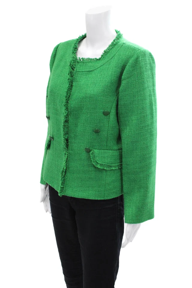 Central Park West Womens Fringe Trim Detail Woven Evening Jacket Green Size M - Image 2 of 4