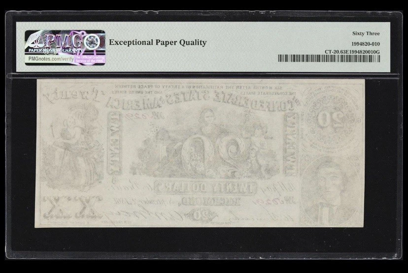 PMG 63 CT-20 $20 1861 Confederate States Civil War Contemporary Counterfeit Note - Image 2 of 4