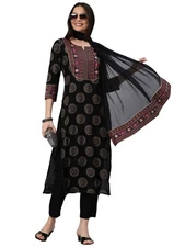 Gosriki Women'S Cotton Blend Printed Straight Kurta With Pant & Dupatta (Nov-...