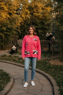 Vintage The Quacker Factory M Pink Embroider Embellish Pandas Bamboo Cardigan