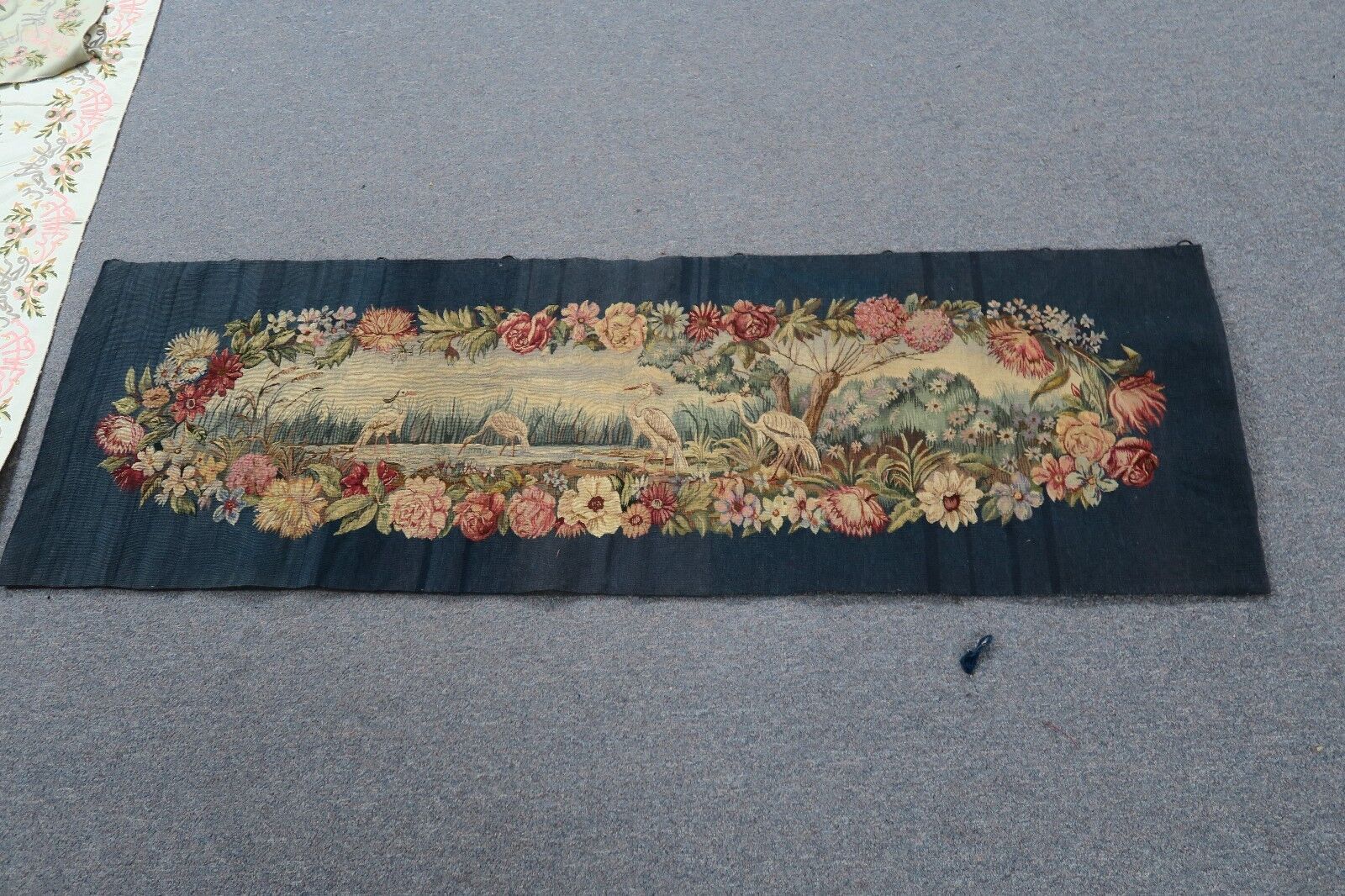 Antique French Aubusson Tapestry 19" x 60"  Handmade Silk & Wool Floral Cranes