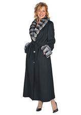 Womens Plus Size Long Black Cashmere Coat Natural Chinchilla Fur Collar & Cuffs