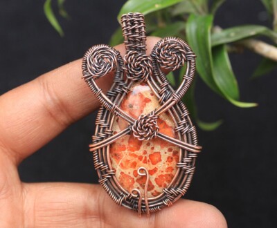 Heart Design Pendant Asteroid Jasper Gemstone Copper Wire Wrap Jewelry N72