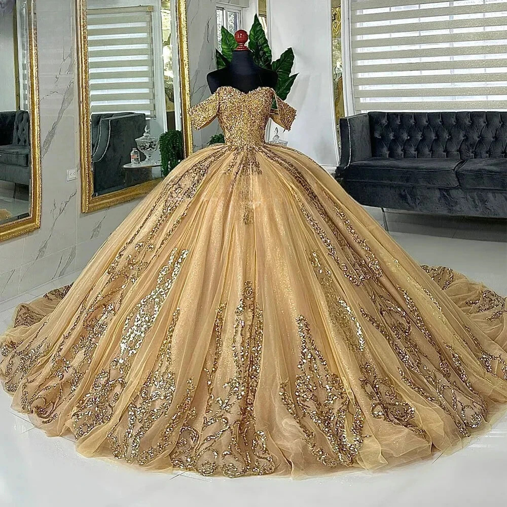 Ball Gown Quinceanera Dresses Gold Beaded Lace Sweet 15 Party Prom