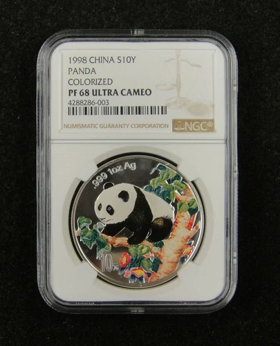 1998 China PANDA COLORIZED S10Y NGC PF68 silver yuan 10 