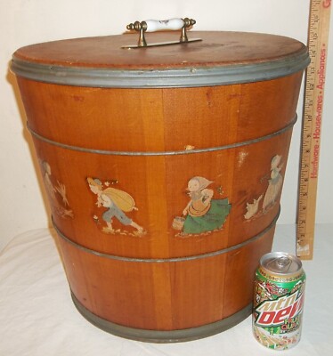 Vtg Primitive Wood Barrel Toy Chest Trash Can Laundry Basket Child Nursery Rhyme