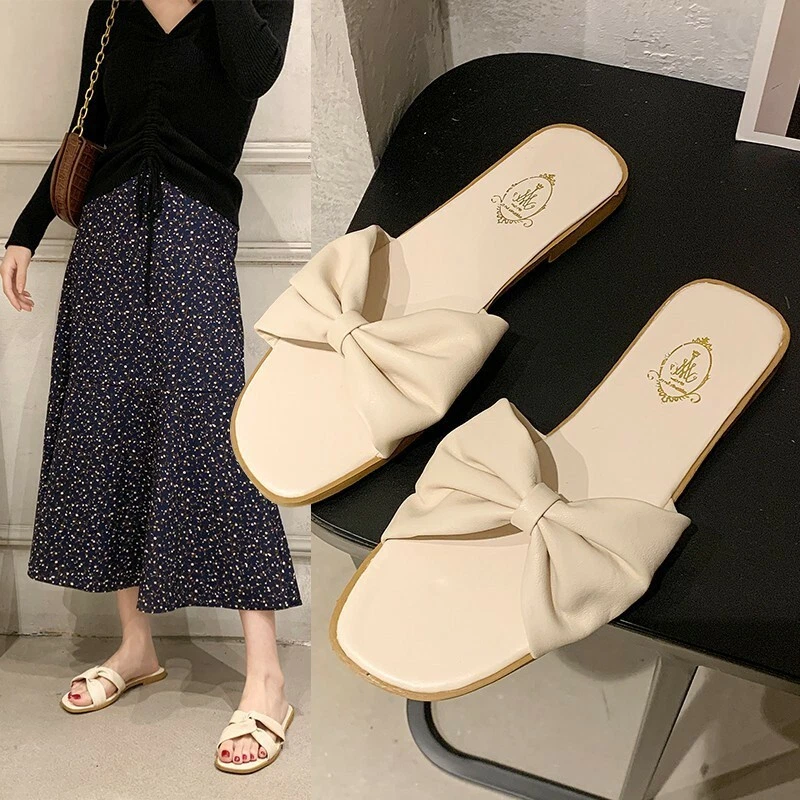 Ladies Open Toe Office Slippers Women Faux Leather Flat Shoes Bow-Knot  Sandals