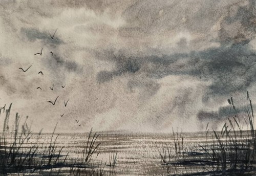 Original Artwork Modern Watercolor Painting Landscape SKY Art Seascape Gift A5 - Picture 5 of 9