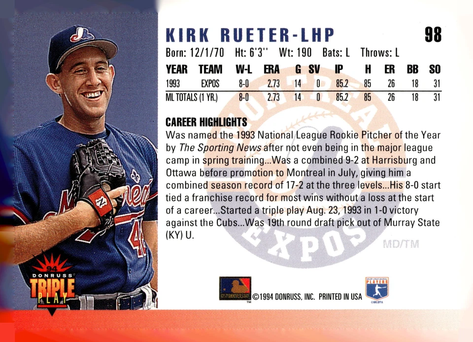 1994 Triple Play #98 Kirk Rueter - Image 2 of 2