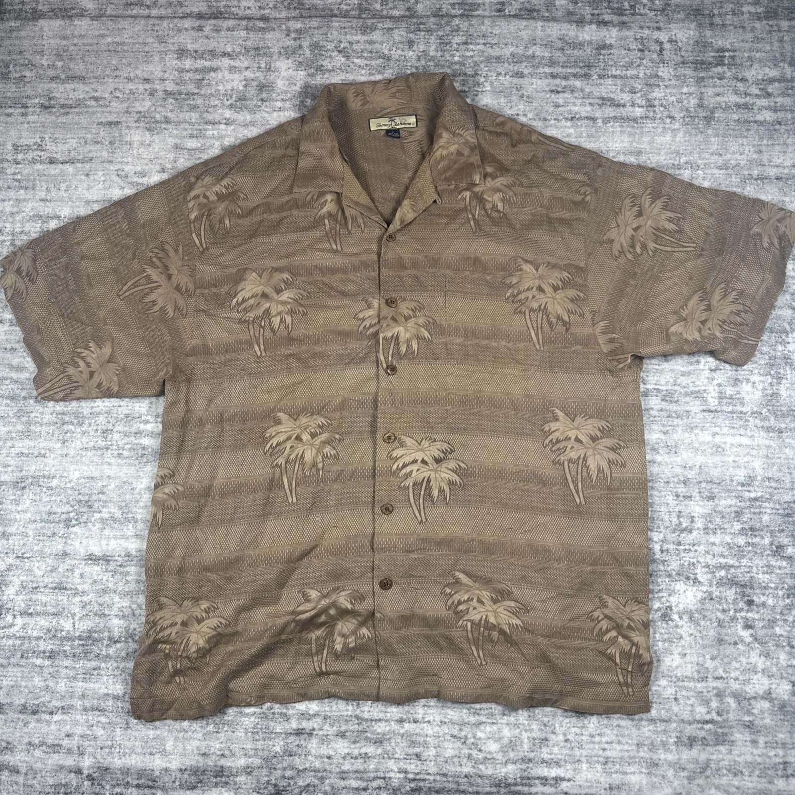 Tommy Bahama Shirt Mens XL Brown Beach 100%Silk Palm Tree Relax Fit Button Front