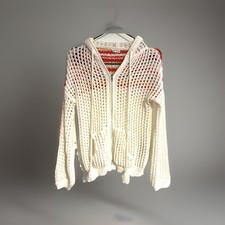 POL Hoodie Sweater Ivory Multi Open Knit Waffle Full Zip Boho Pockets Medium EUC