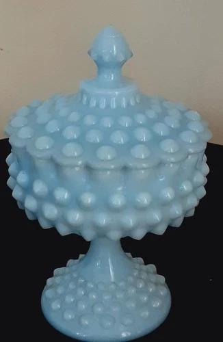 Vintage Fenton Glass Blue Milk Hobnail Lidded Compote Candy Dish