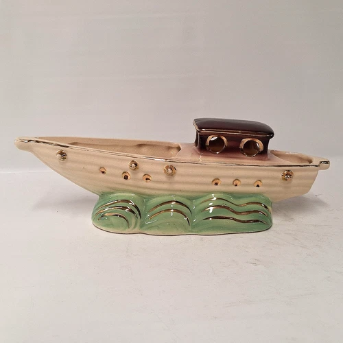 Vintage Mid Century Shawnee Ceramic Boat Planter Gold Trim Wave Base MCM