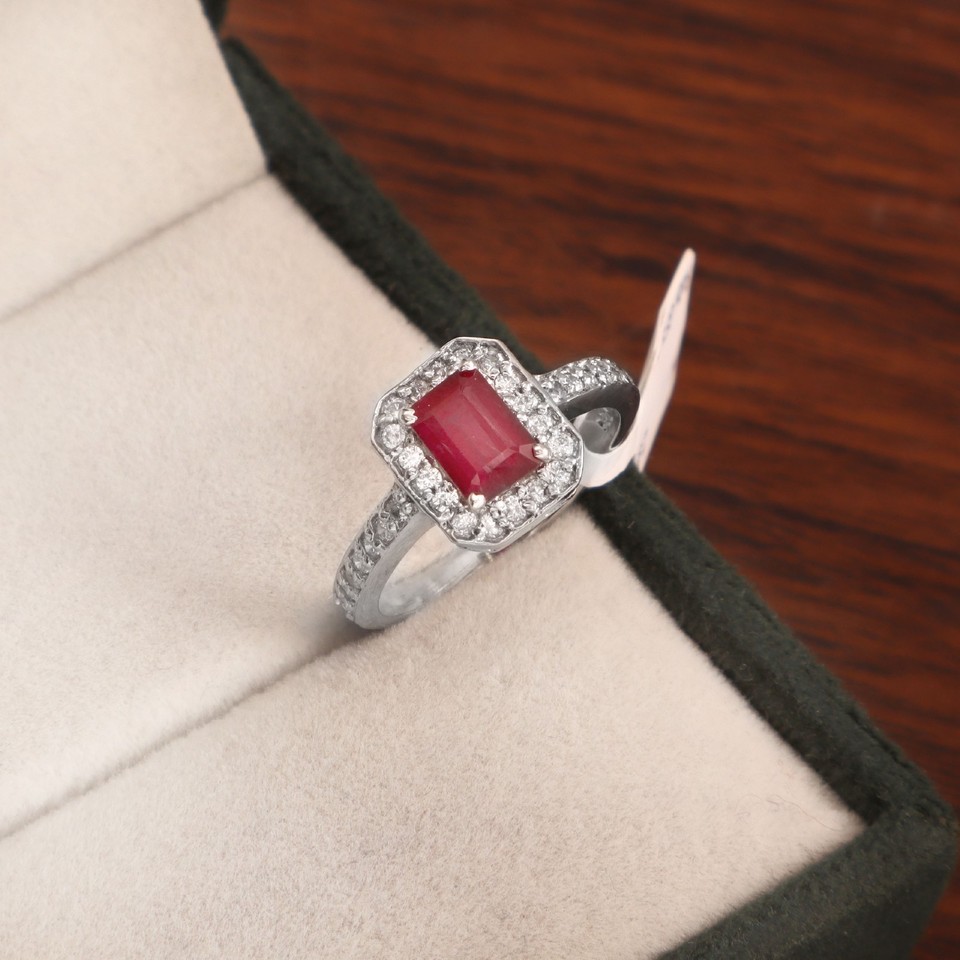 Ruby Jewe Emerald Cut Red Ruby Sterling Silver Ring Halo Wedding Jewelry Gift For ...