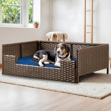 Wicker Pet Bed Sofa Indoor Outdoor,All-Protection, Brown Blue,38.6"Lx26.4"Wx15"H