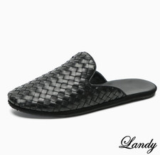 Men's Woven Real Leather Mules Slippers Flats Shoes Handmade Non-slip Sandals