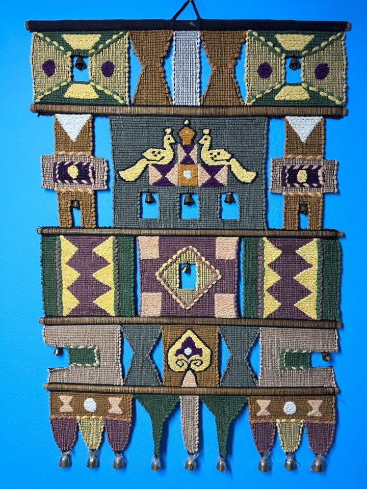 Vintage Handwoven Fiber Art Wall Hanging with Peacocks and Brass Bells