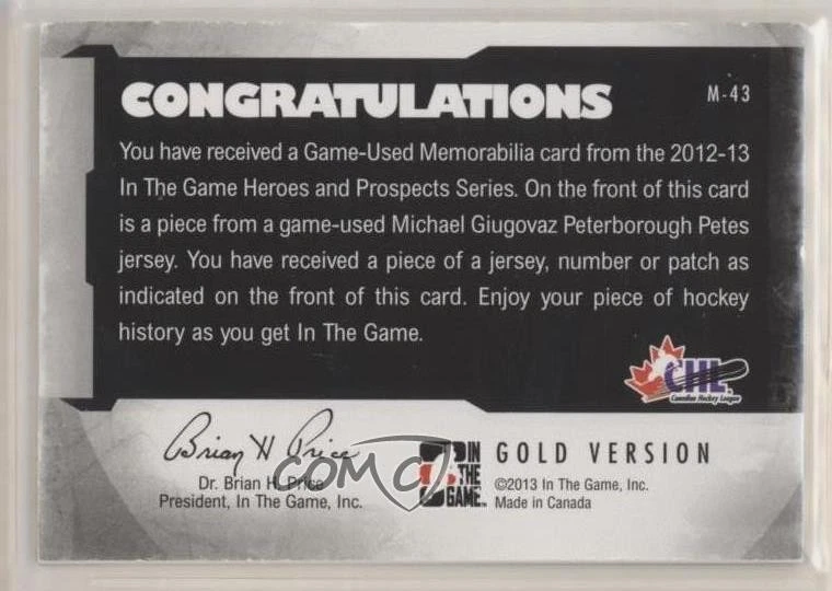 2012 ITG Heroes and Prospects Game-Used Gold Number 1/1 Michael Giugovaz #M-43 - Image 2 of 2