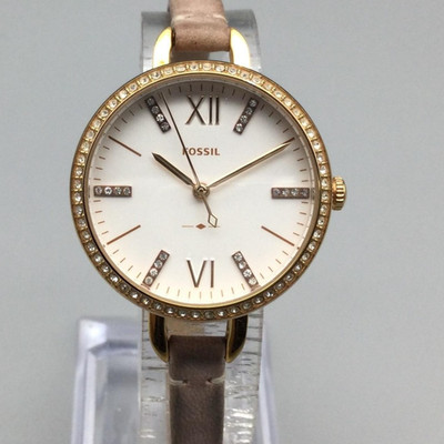 Fossil Annette Womens Watch 30mm Gold Tone Crystal Bezel Leather New Battery