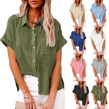 Womens Solid Color Casual Blouse Ladies Button T Shirt Short Sleeve Tops Tunic