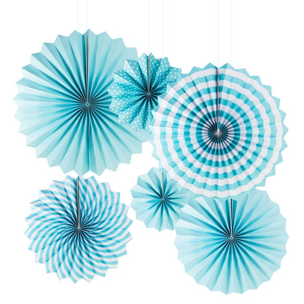 6 Papier FäCher Deko Rosetten JubiläUm Geburtstag Hochzeit Feier Party Blau Weiß-image