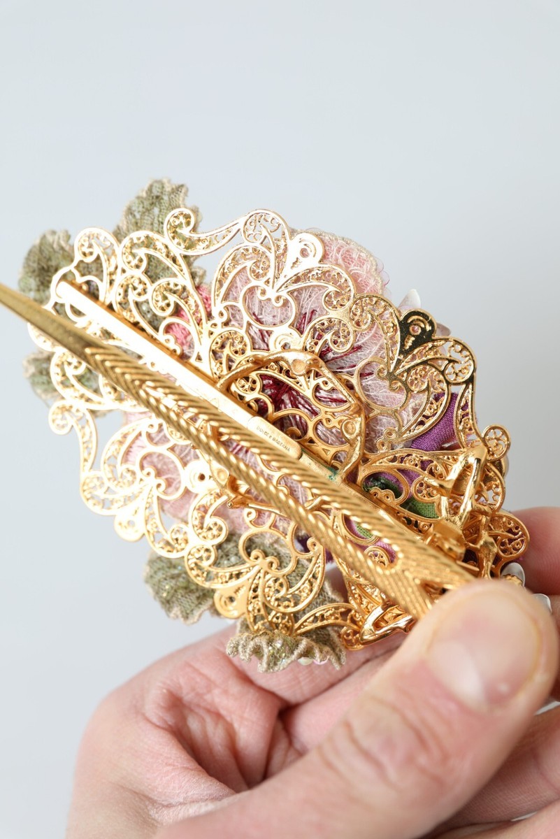 DOLCE & GABBANA Hair Clip Gold Brass Floral Crystal Sequined 