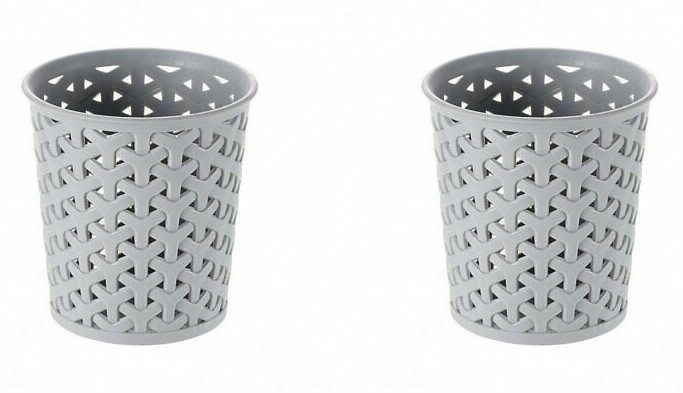 2x Curver Nestable Rattan Round Storage Desk Pen Stationary Organiser - Grey