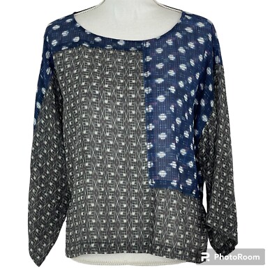 Burning Torch Sheer Top Size M 100% Silk Kimono Sleeve Blue Color block Boxy