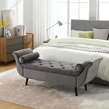 Modern Velvet Upholstered End of Bed Bench Storage Ottoman Seat with Rolled Arms
