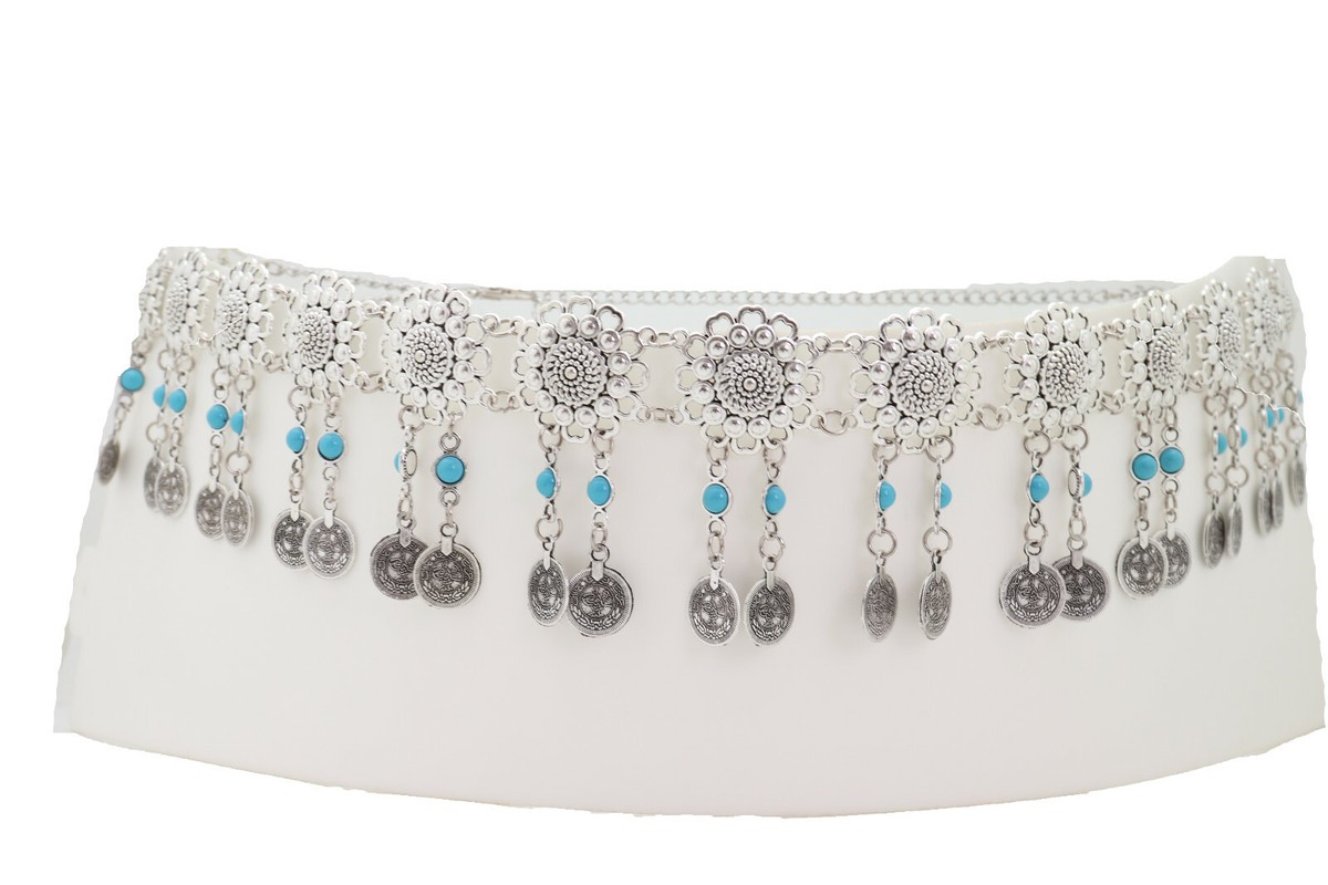 Belt with Glass Station Imitation Turquoise Flowers Silver-Tone Oval Chain Fashion Adjustable Metal Silver Oval Flower Turquoise Woman  main image 4