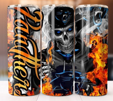 Panthers Fire Skull Football Tumbler 20oz Cup Mug Stainless Steel W/ Straw