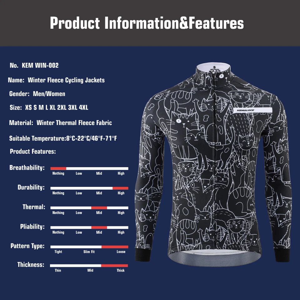 KEMALOCE Cycling Jackets Long Sleeve Men Winter Fleece Whit&Black Bike Jersey - Image 4 of 4