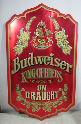 Vintage 1970s Budweiser Beer On Draught Embossed Metal Sign 25