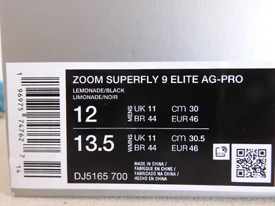 NIKE ZOOM MERCURIAL SUPERFLY 9 ELITE AG PRO LEMONADE-BLACK SZ 12