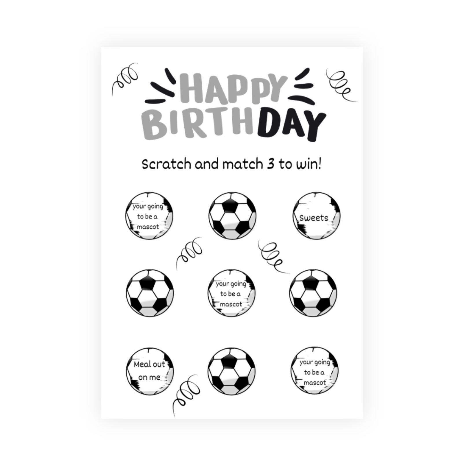Birthday scratch and match gift card, Happy Birthday, Football
