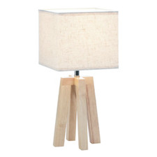 Small tan rustic style wooden accent table lamp with neutral linen shade