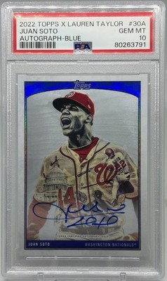 PSA GM 10 2022 Topps x Lauren Taylor Juan Soto On Card Auto Blue 29/49