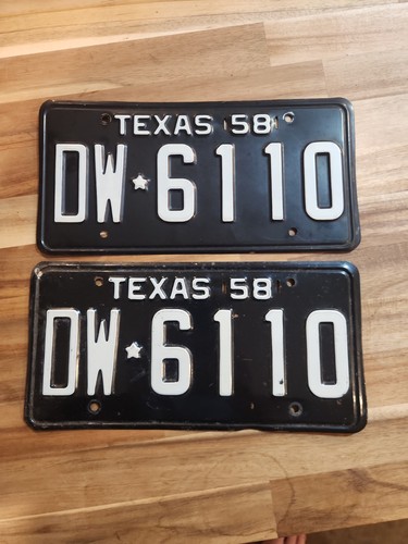Vintage 1958 Texas License Plate Set, GOOD Condition,  Unrestored.  