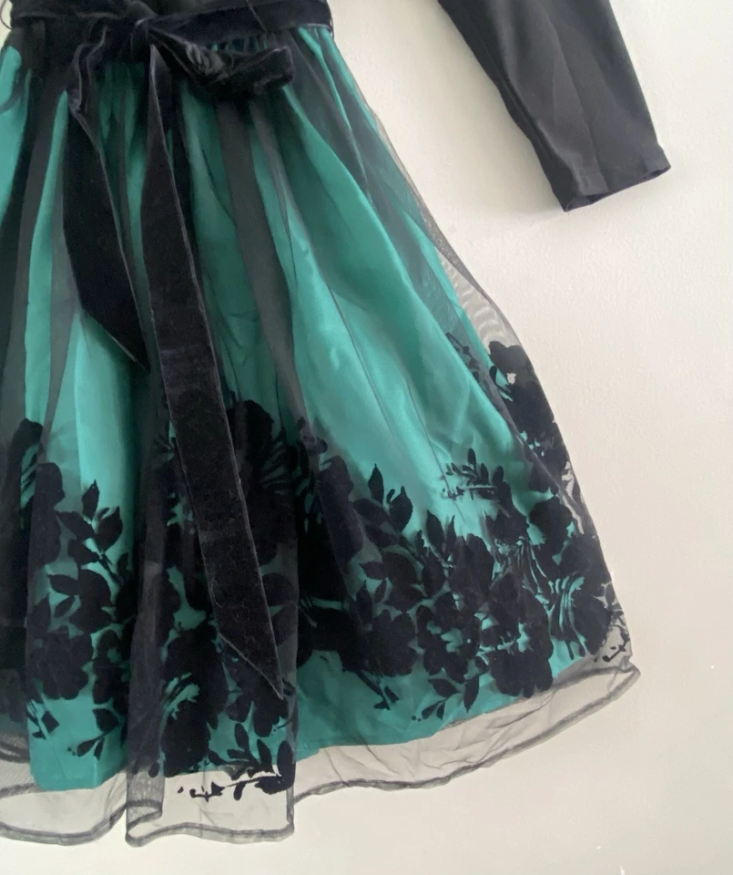 Be By Chetta B 绿色黑色花卉天鹅绒连衣裙薄纱裙派对鸡尾酒尺寸 6 — 第 3/4 张图片