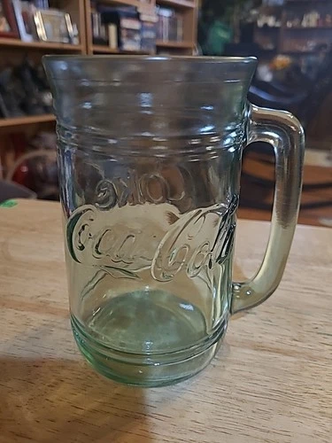Coca Cola Coke Embossed Green Clear Indiana Glass Mug 16 oz with Handle VTG